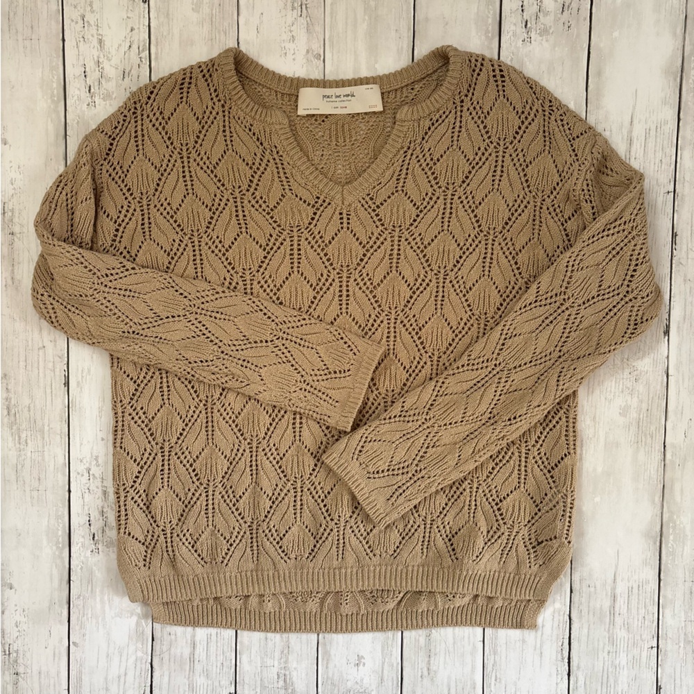 Peace Love World Camel Crochet Oversize Beach Sweater